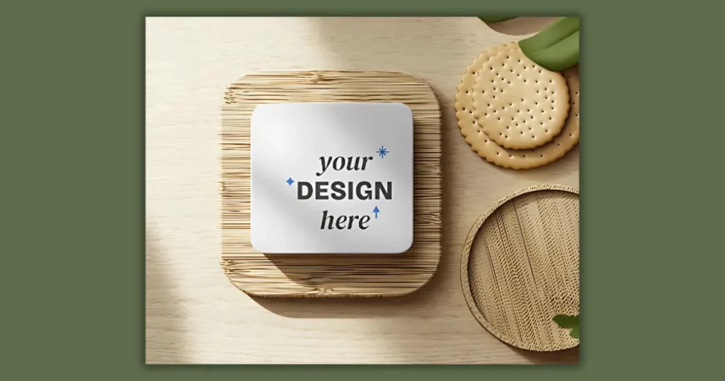 cookies and coasters on a wooden tray