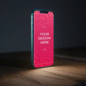 iPhone 13 mockup standing on wooden surface with dramatic lighting