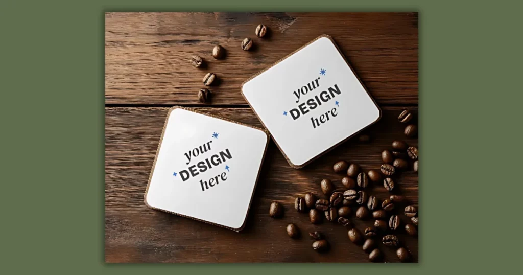 on a wooden surface, a square coaster with coffee beans is displayed