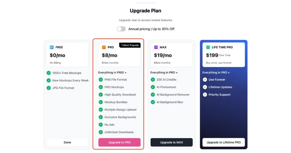 upgrade to pro plan in mockey ai for unlimited business card mockup