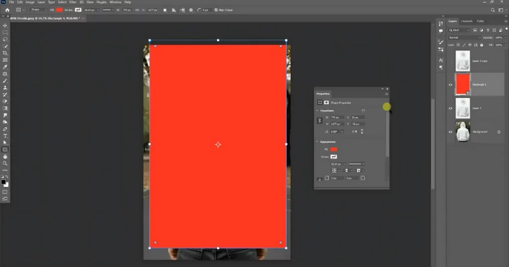 draw a rectangle over the hoodie area on how to make a hoodie mockup in photoshop