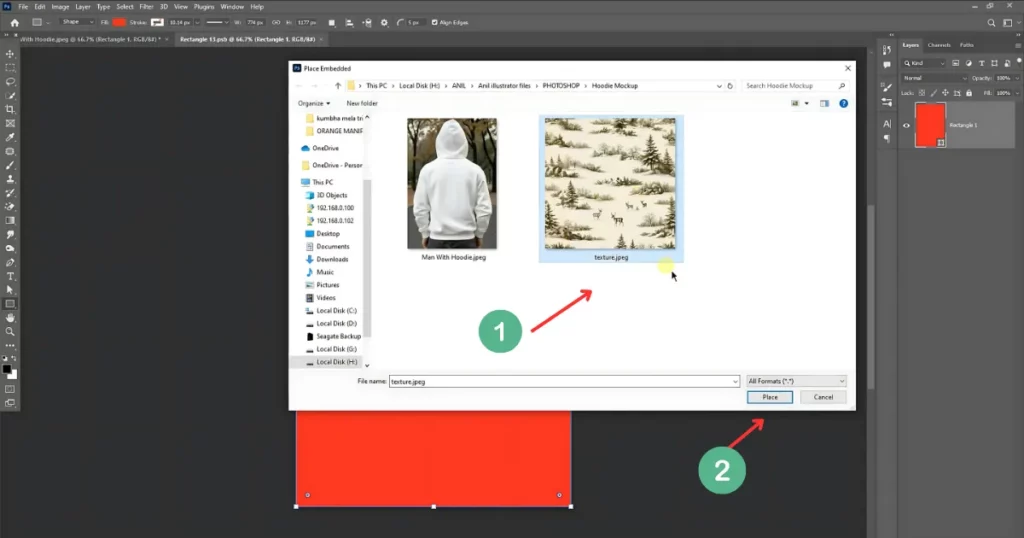 select a texture image and click place on how to make a hoodie mockup in photoshop