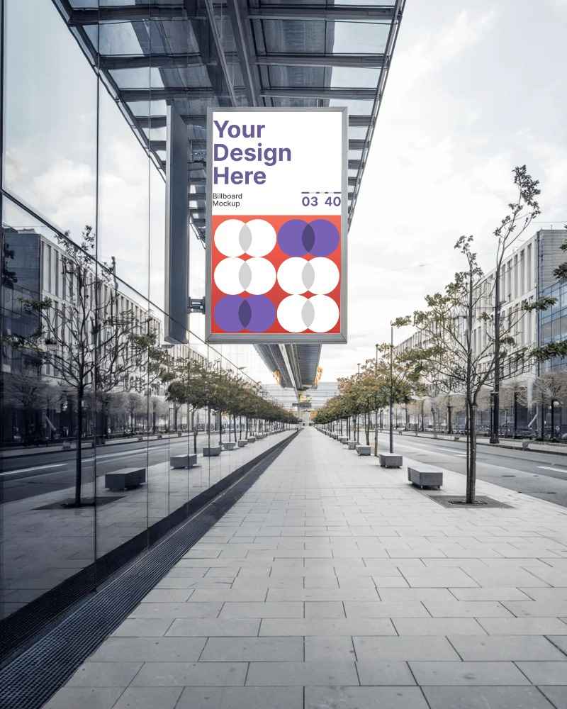 city hanging billboard mockup on glass covered path with geometric paving and trees








