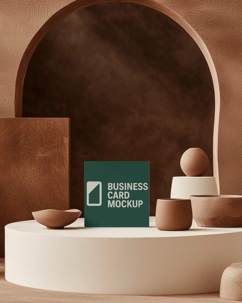 earthy tones business card mockup centered on textured cream podium among clay pots and arched background