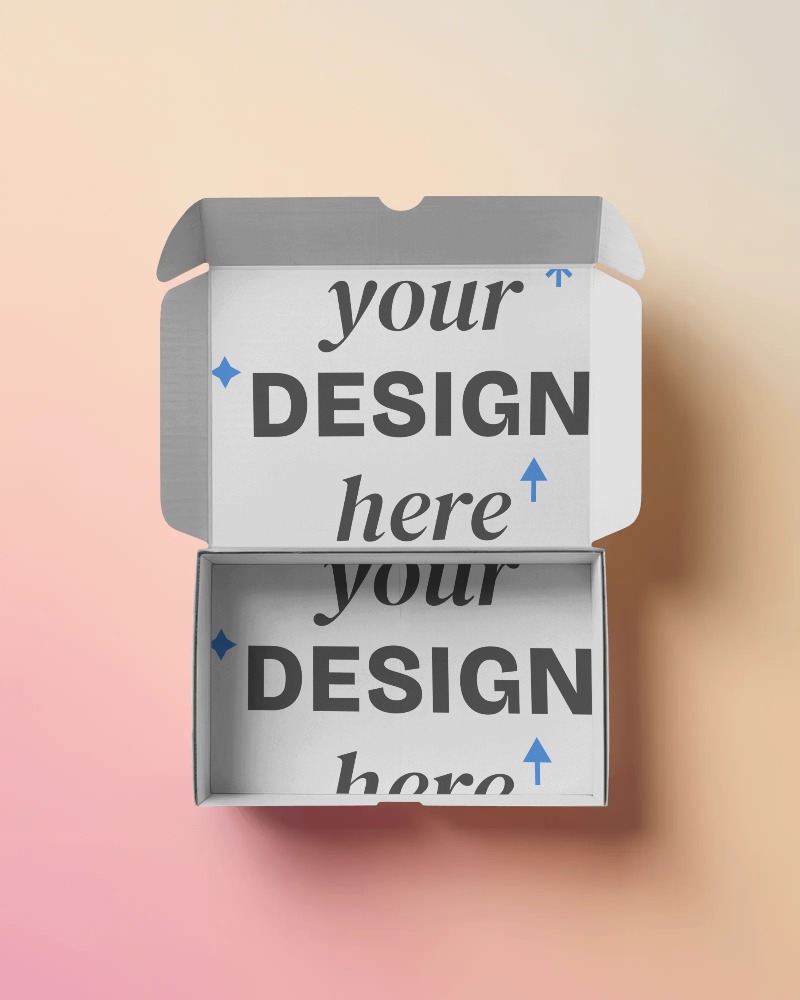 flat lay cardboard box open flaps on pink to cream gradient backdrop ecommerce mockup style








