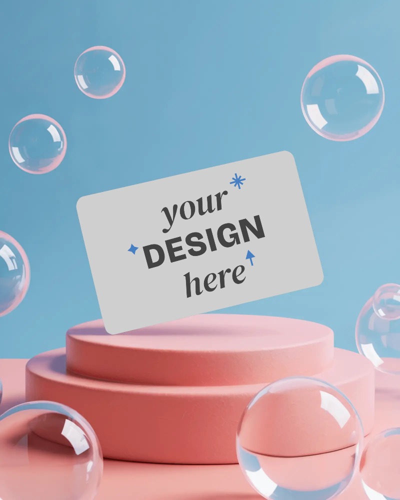floating business card mockup with pastel blue background bubbles and pink platform playful minimal display

