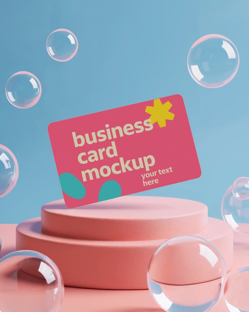 floating business card mockup with pastel blue background bubbles and pink platform playful minimal display