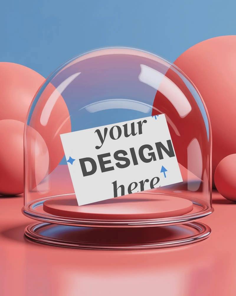 glass dome display business card mockup on soft podium in vibrant red and blue bubble background








