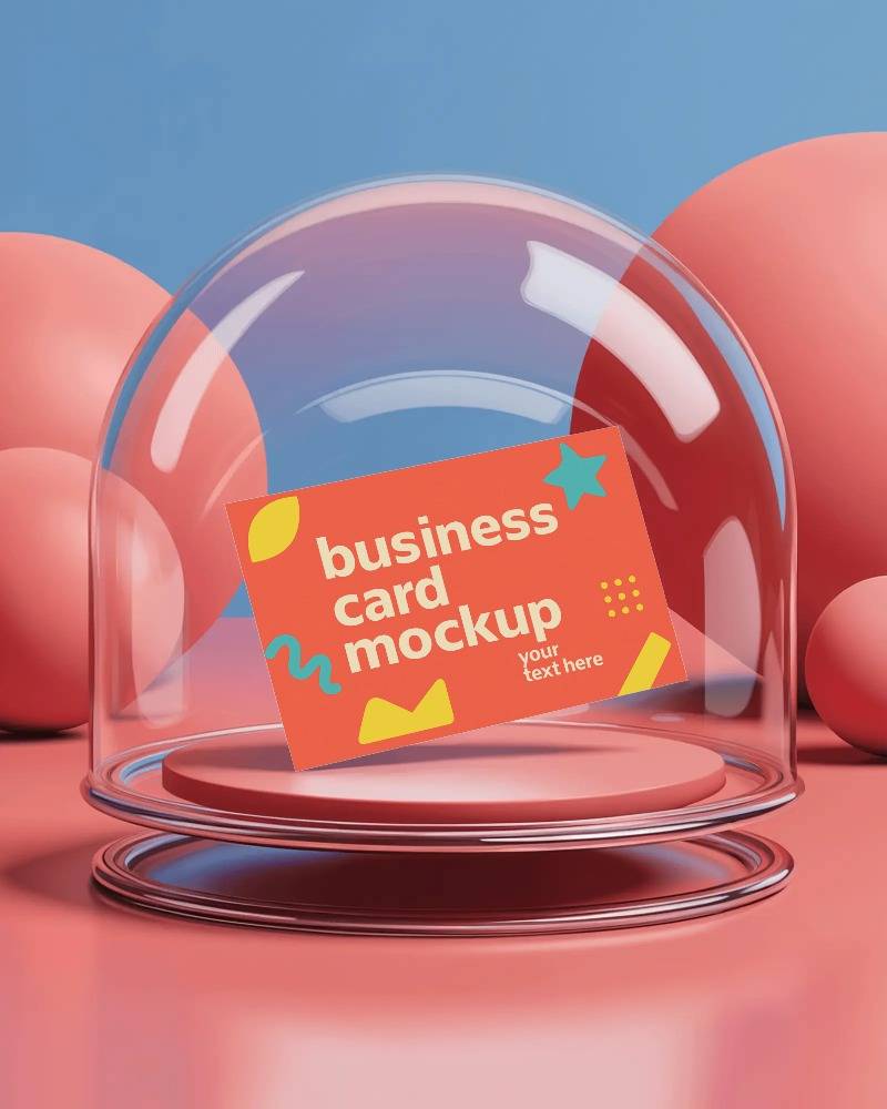 glass dome display business card mockup on soft podium in vibrant red and blue bubble background








