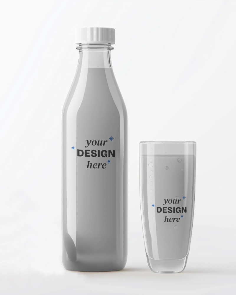 premium glass bottle mockup and glass mockup showcasing fruit juice on clean surface ideal for juice packaging design showcase
