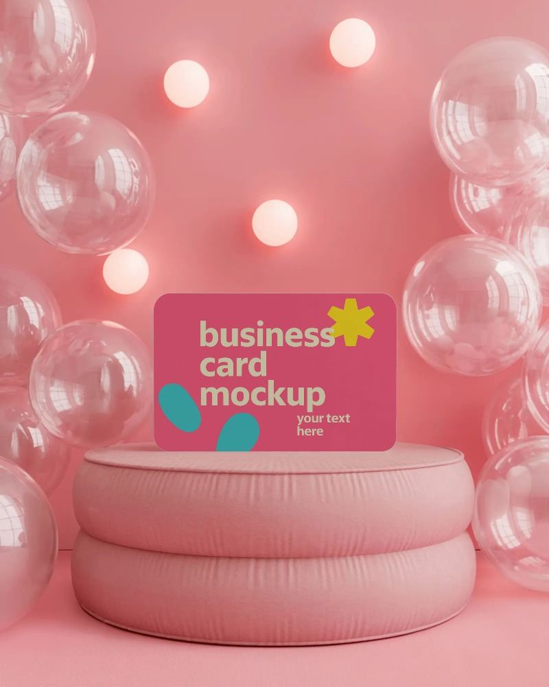 round corner business card mockup on soft pink cushion with balloons and wall lights








