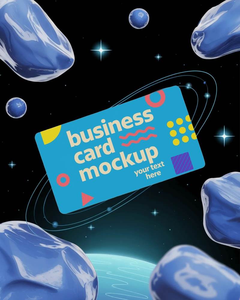 space theme floating business card mockup amidst blue planets and stars in dark galaxy background

