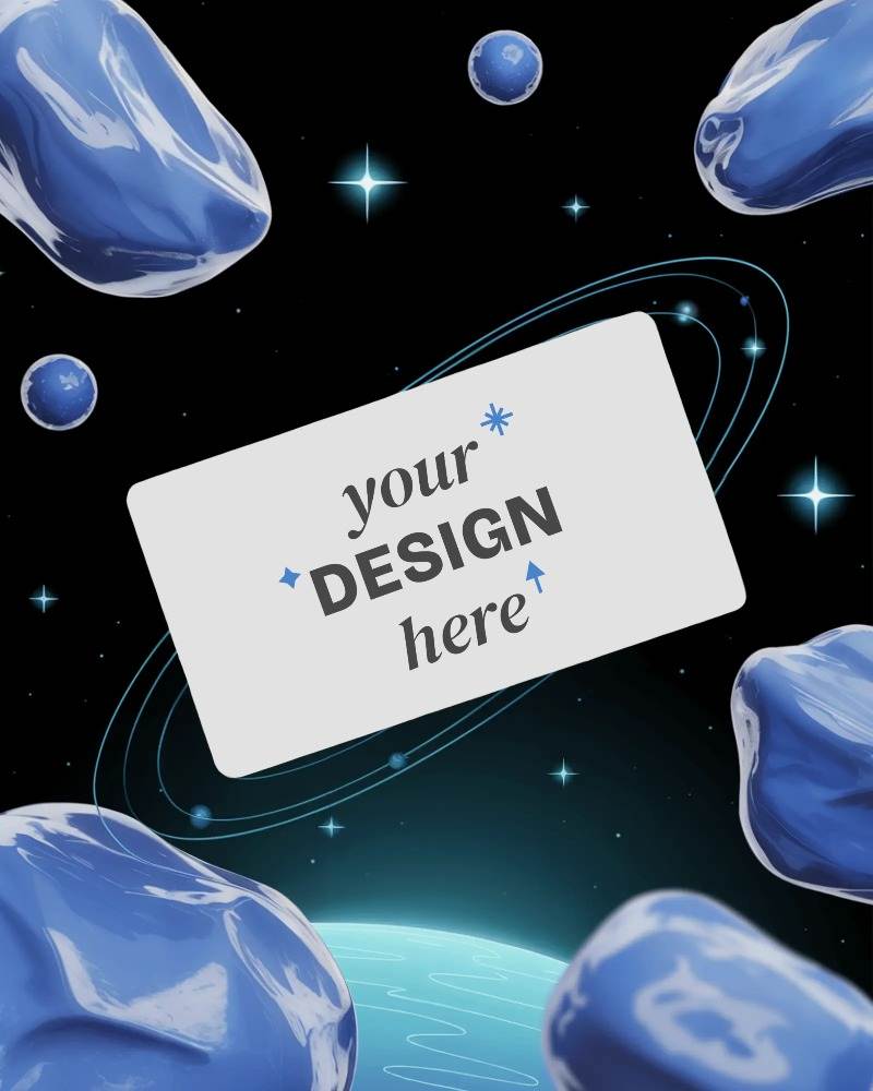 space theme floating business card mockup amidst blue planets and stars in dark galaxy background

