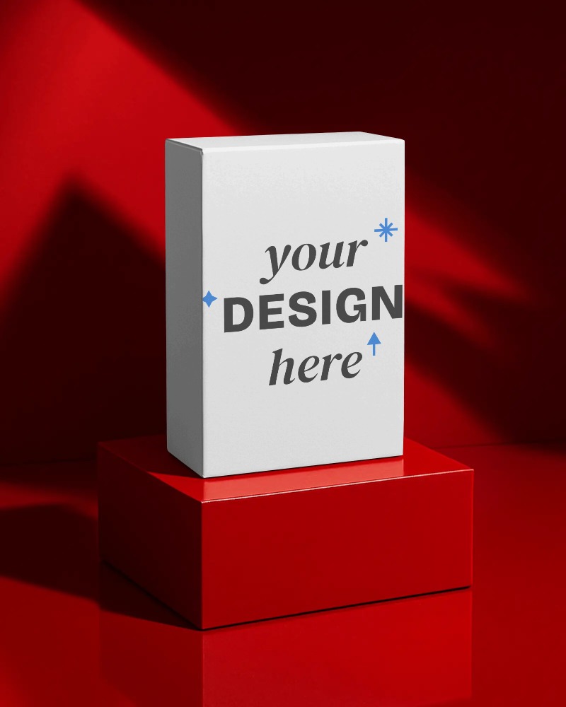 standing box mockup on glossy red podium dramatic lighting bold and premium packaging display
