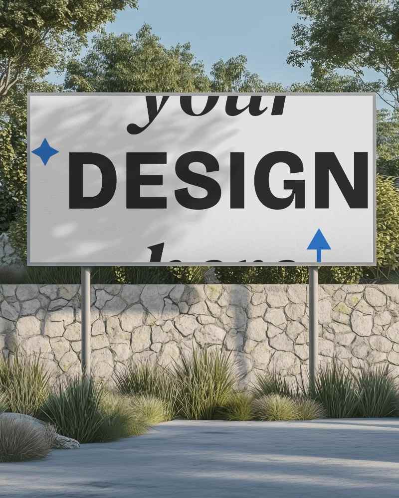 sunlit garden billboard mockup stone wall backdrop minimalist design with greenery natural landscape shadows on white background

