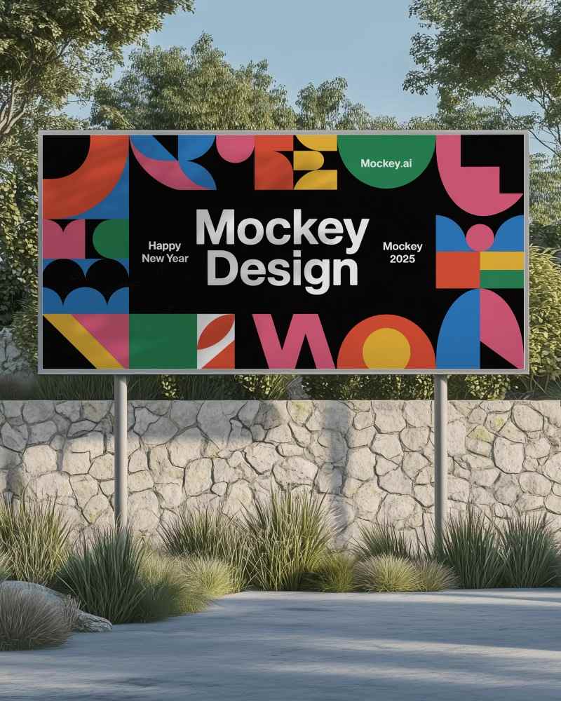 sunlit garden billboard mockup stone wall backdrop minimalist design with greenery natural landscape shadows on white background

