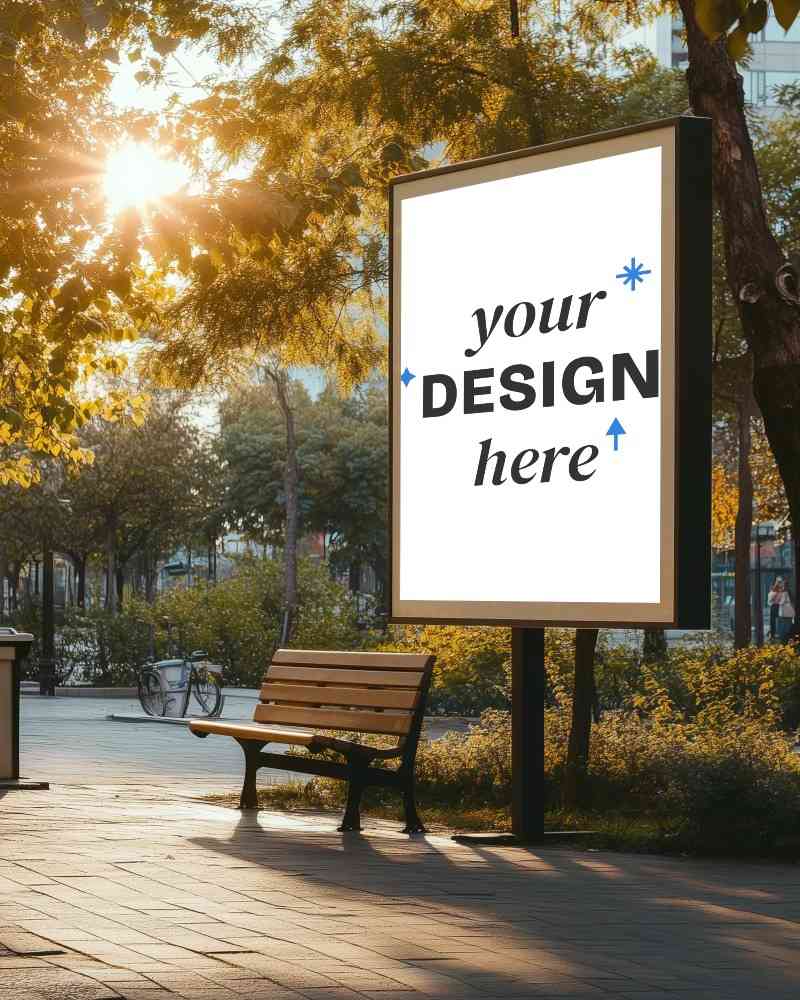 sunset park billboard mockup vertical ad display next to wooden bench under golden hour light through trees


