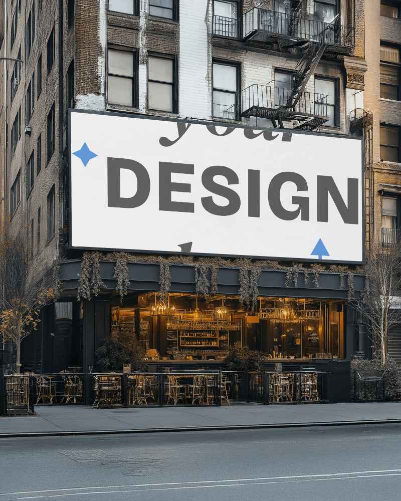 urban building facade billboard mockup with street side cafe in background








