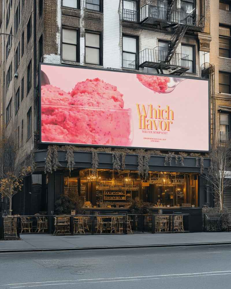 urban building facade billboard mockup with street side cafe in background








