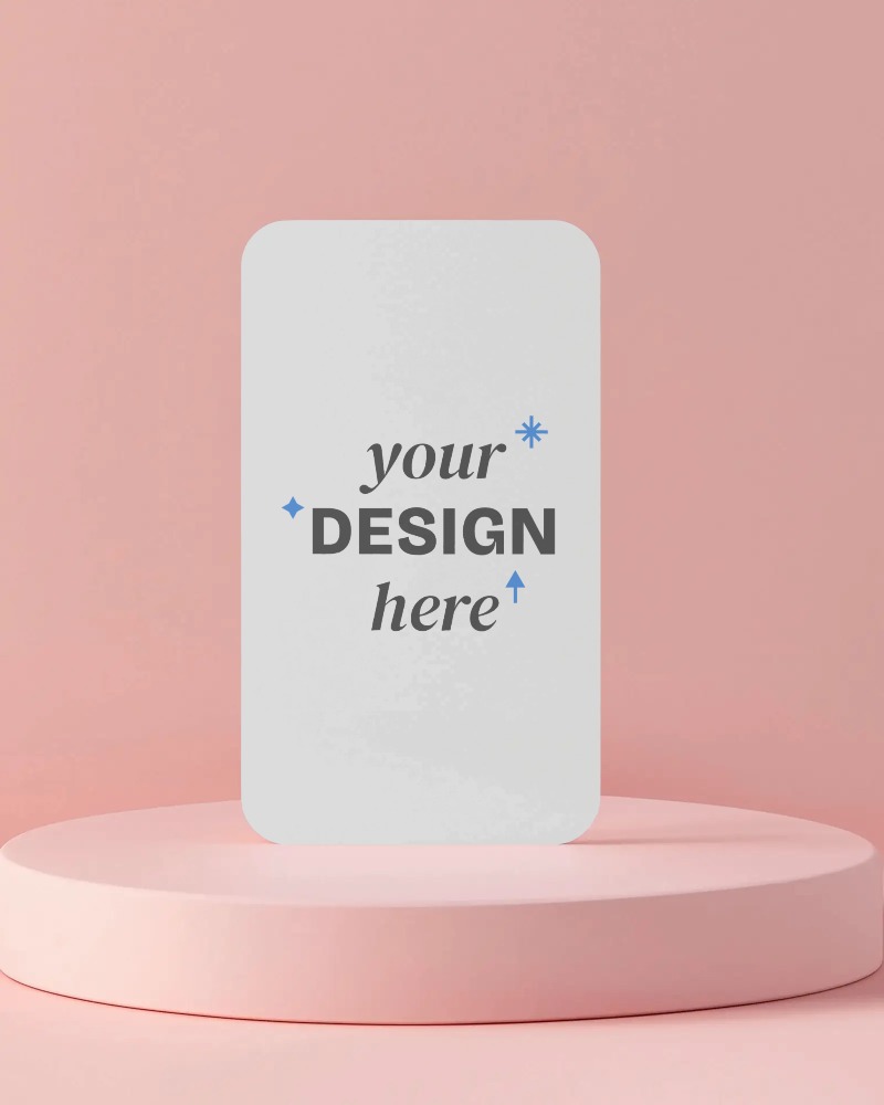 vertical standing business card mockup on pastel pink podium soft shadow clean and elegant scene 