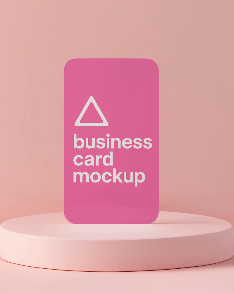 vertical standing business card mockup on pastel pink podium soft shadow clean and elegant scene