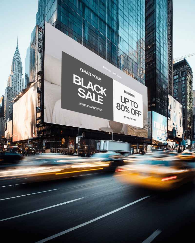 vibrant urban billboard mockup amongst skyscrapers and busy vehicles








