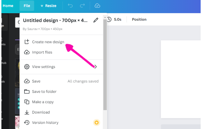 create new design option in canva