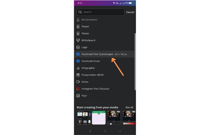 facebook post option in canva mobile