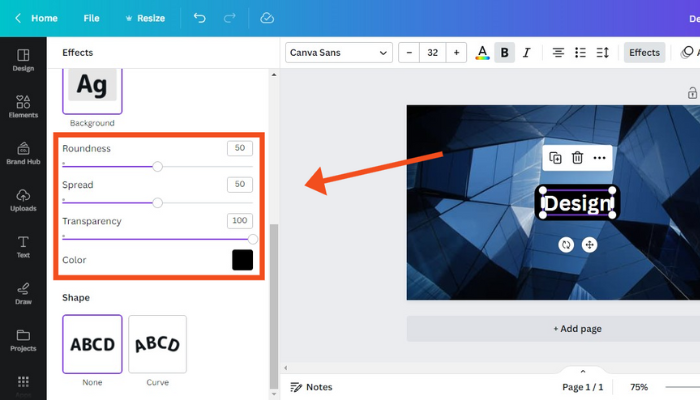 adjust the roundness, spread, and transparency