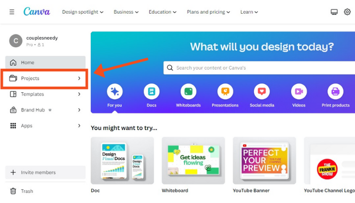 click the projects tab on the canva homepage