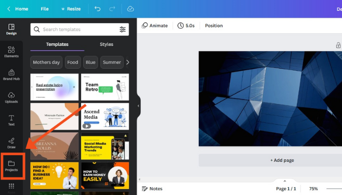 on the editor page, select projects