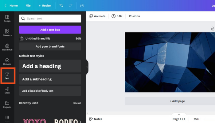 on the left, click text
