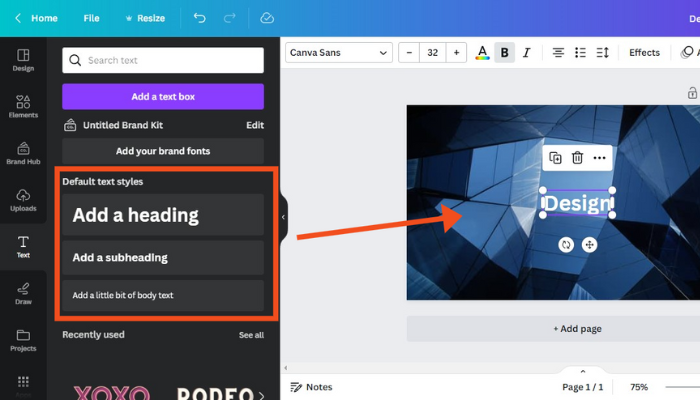 using the text tool, create text