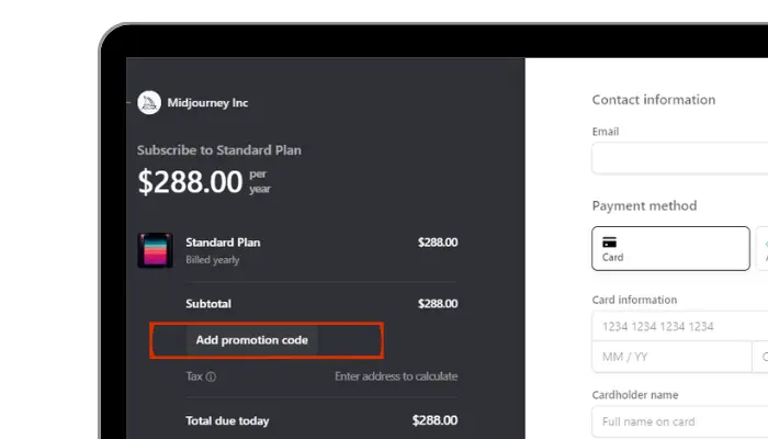 click on add promotional code to apply midjourney promo code
