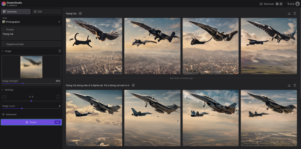 DreamStudio - interface displaying variety of images