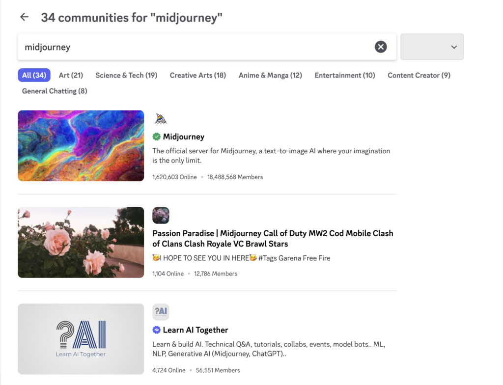 Searching Midjourney server from Discord Explore tab