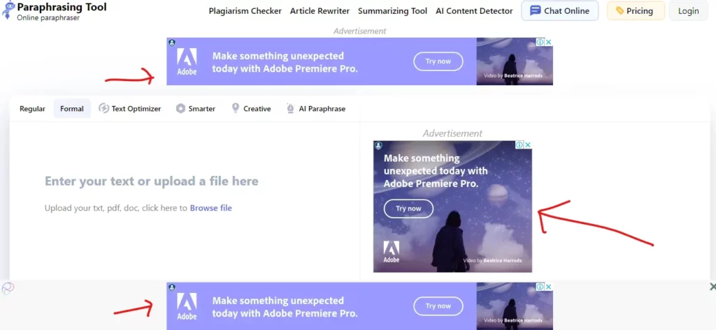 ads in paraphrasing.io tool