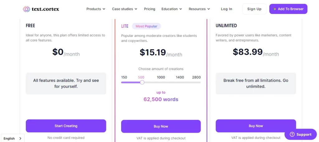 textcortex pricing plan