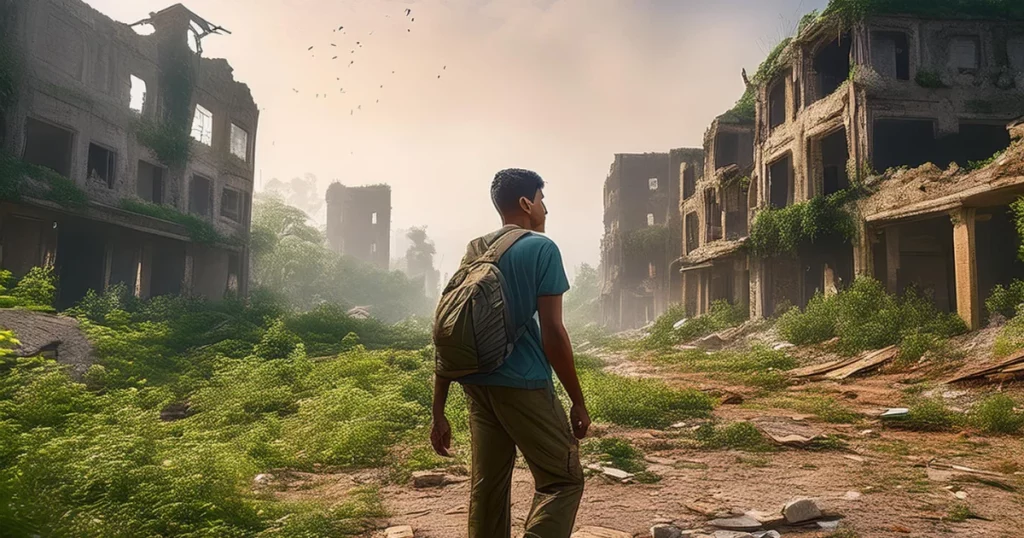 A barren, ruined landscape with broken buildings, overgrown plants, and a single person searching for supplies dall e prompts