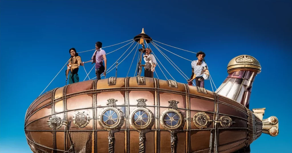 A large steampunk airship flying through the clouds, with detailed gears and steam engines, and a group of adventurers on board dall e prompt