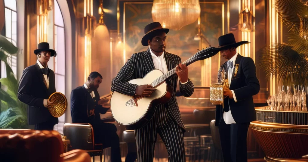 A stylish Art Deco jazz club with musicians on stage, guests in old-fashioned clothes, and fancy decorations dall e prompts