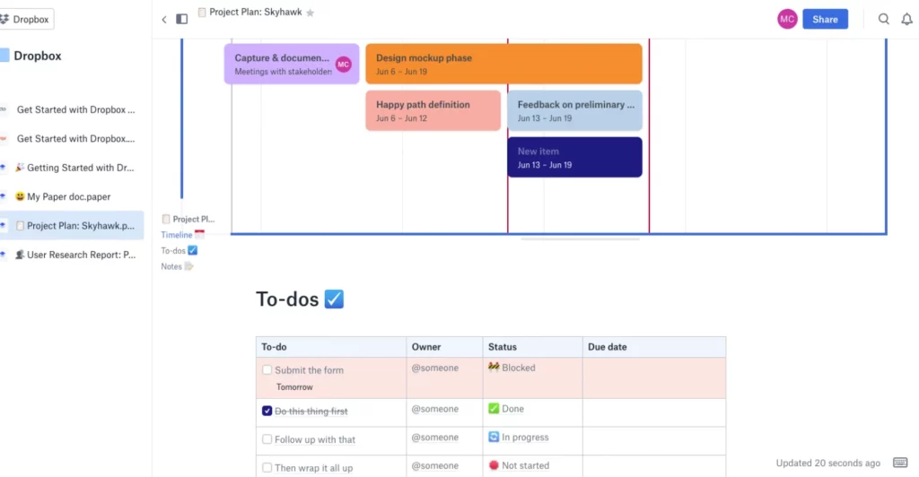 Dropbox Paper - free alternatives to notion