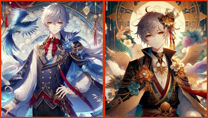 anime character in fancy attire with an intricate backdrop, digital art