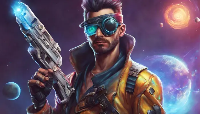 imagine a retro-futuristic space pirate with an eye patch, holographic eye jacket, and laser blaster over one shoulder dall e prompts