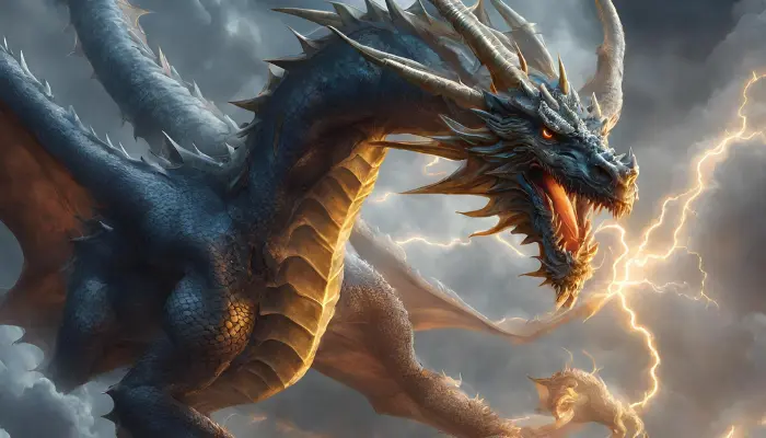 in a sky filled with swirling storm clouds and bolts of lightning, imagine an avatar of a mythic dragon rider astride a majestic dragon dall e prompt