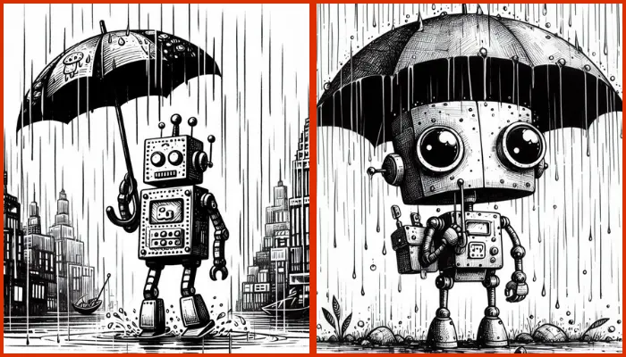 ink drawing of a robot with an umbrella in the rain