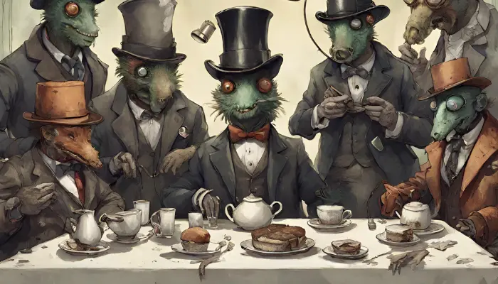 mutant creatures wearing top hats and monocles attend a post-apocalyptic tea party hosted by robots dall e prompt