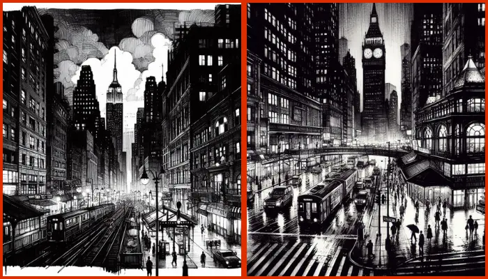 nighttime nyc, ink sketch