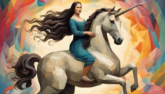 the mona lisa rides a unicorn through a swirling colorscape and geometric shapes of a whimsical classical painting dall e prompts