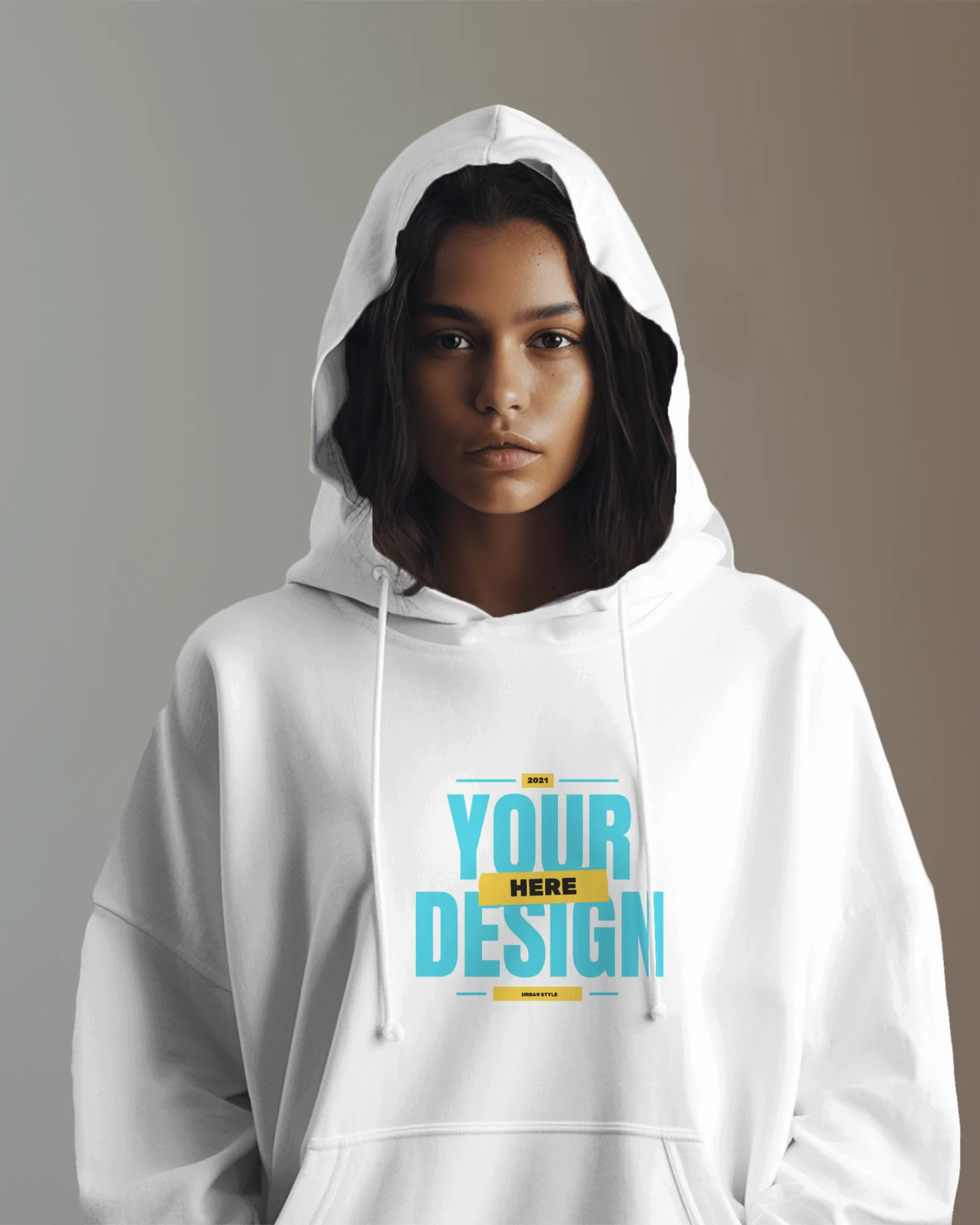 AI women white hoodie mockup